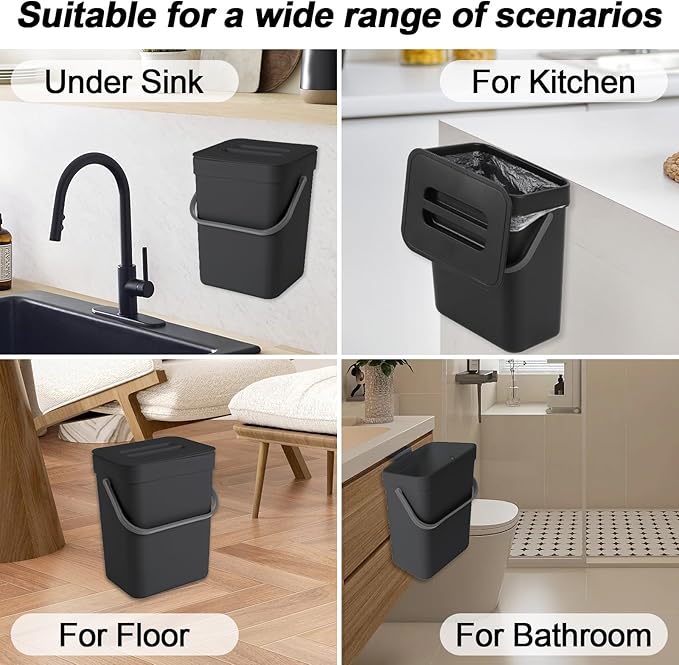 Compost Bin Kitchen, for use on Countertops or Under Sinks, Hanging Trash Can with Lid, for Cupboard/Bathroom/Bedroom/Office/Camping, Mountable Indoor Compost Bucket(Black 0.8 Gallon/3L)