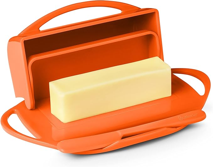Butterie Flip-Top Butter Dish with Lid & Matching Knife, Holds 2 Sticks/European Butter, No-Mess Butter Holder, Shatterproof, Dishwasher Safe, Orange