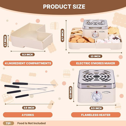 Electric Smores Maker - Indoor Smores Kit with 4 Detachable Trays, 4 Stainless Steel Forks - Flameless Smores Maker Tabletop Indoor Kit (White)