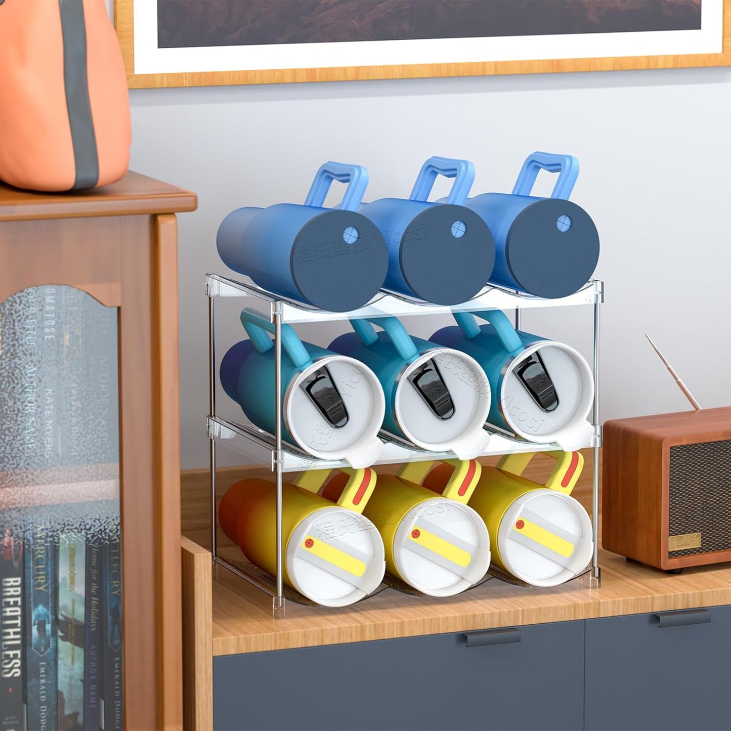 Yieach 2 Tier Waterbottle Organizer for Cabinet - Large Compartment Stackable Water Bottle Holder and Wine Bottle Rack,Acrylic Water Bottle Organizer Rack for 40 oz Stanley Cup,Yeti and Tumbler Shelf