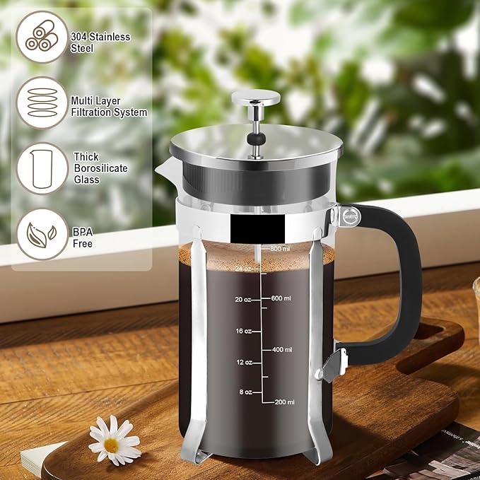 Nukeekee French Press Coffee Maker,34oz 304 Stainless Steel with 2 Filter, Heat Resistant Durable, Easy to Clean, Borosilicate Glass Press, BPA Free Glass TeaPot-34 Ounce 1 Liter (Chrome)