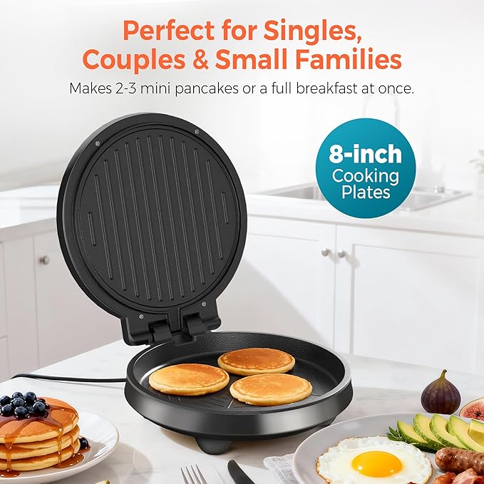 3-in-1 Electric Griddle & Panini Press - CACHOO 8" Nonstick Round Griddle and Sandwich Press with On/Off Switch, 180° Open Design, Perfect for Pancakes, Omelettes, Quesadillas, Veggies (Black)