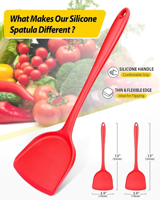 Pack of 2 Silicone Wok Spatula, Non-Stick, Heat Resistant, Easy to Clean and Dishwasher Safe, Seamless Kitchen Utensil for Cooking, Baking, Stir-Fry (Red)