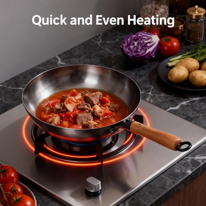 Calmabode 13 Inch Round Bottom Hand Hammered Carbon Steel Wok - Traditional Forged Stir Fry Pan, Fast Heat Conduction, No Hot Spots, Non-Toxic Uncoated for Gas Stove, Home & Professional Kitchen