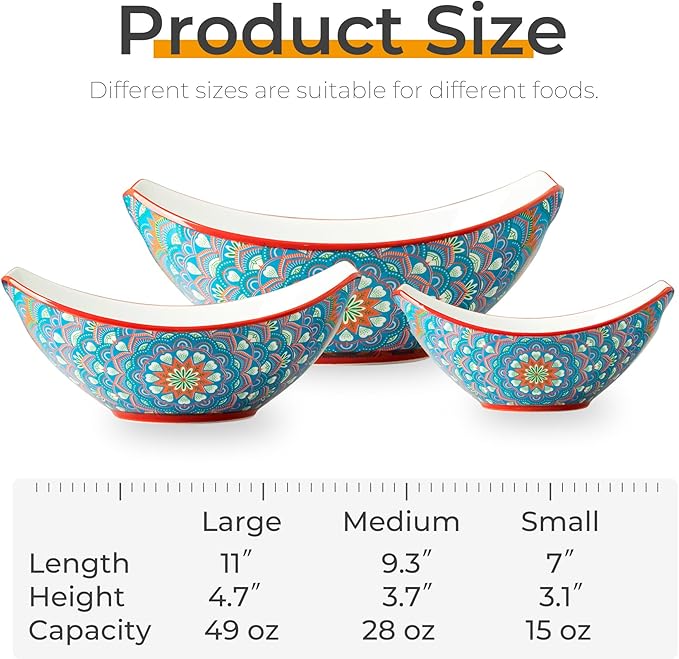 LAUCHUH Serving Bowls with Handles, Bohemian Porcelain Serving Dishes for Entertaining Colorful Nesting Bowls Salad Bowls for Kitchen, St. Patrick's Day, Set of 3, 15/28/49 oz, Blue and Red