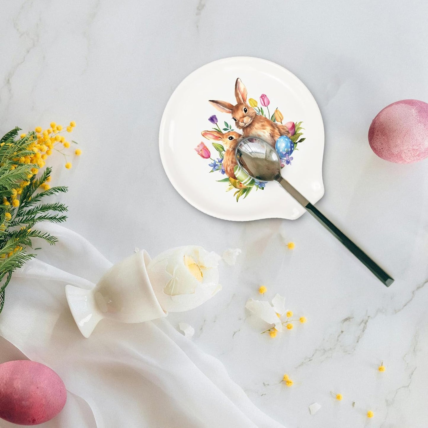 JarThenaAMCS 4.7inch Easter Bunny Spoon Rest Watercolor Rabbit Egg Tulip Flowers Small Coffee Spoon Holder for Spring Coffee Stirrers Teaspoon Bar Coffee Station