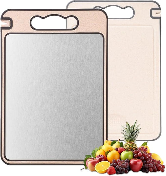 2-IN-1 Titanium Cutting Board for Kitchen Pure Titanium and Wheat Straw PP Scratch-Resistant 15.8x10.6 Inch, (Beige Titanium)