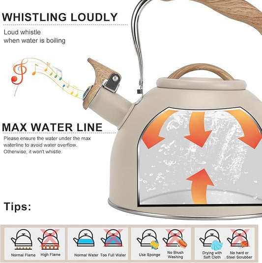Tea Kettle, Vegoran 100 OZ / 3 Liter Whistling Tea Kettle, Tea Pots for Stove Top Food Grade Stainless Steel with Wood Pattern Folding Handle, Loud Whistle Kettle for Tea, Coffee, Milk (Milk White)