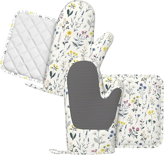 Meadow Wildflower Silicone Oven Mitts and Pot Holders Sets Boho Botanical Kitchen Mitts Floral and Herb Potholder Kitchen Accessories for Cooking Baking BBQ