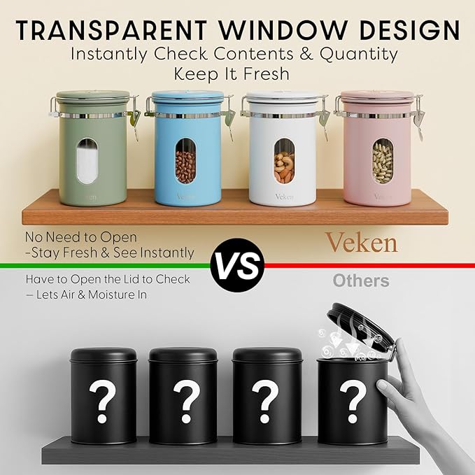 Veken Coffee Canister with Window, Easter Gifts Airtight Stainless Steel Container with Lids, Home Kitchen Food Storage Jars for Grounds, Beans, Tea, Flour, Cereal, Sugar, Basket, Scoop, 22OZ, White