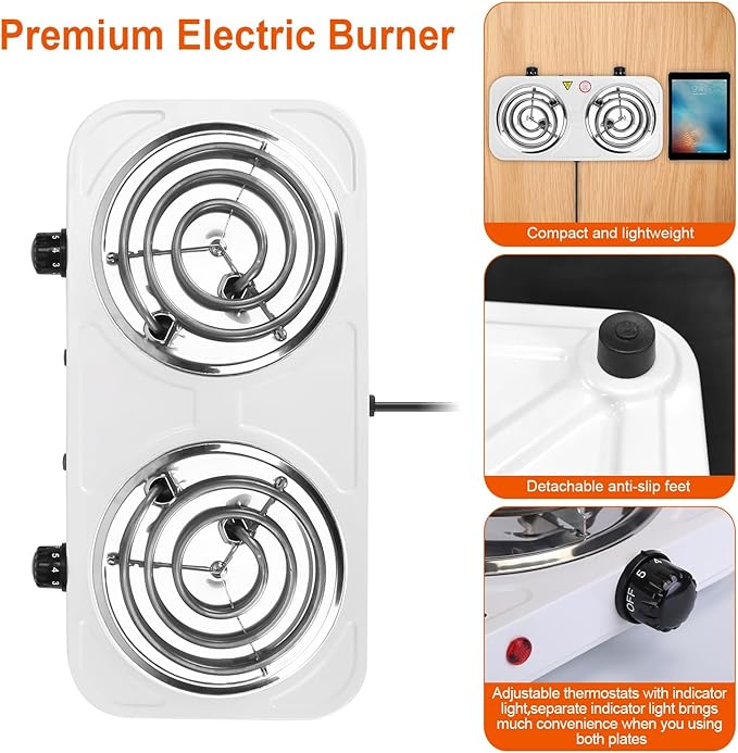 2000W Electric Portable Double Burner Coil Heating Hot Plate Stove Countertop RV Hotplate Temperature Controls Easy to Clean for Camping RV Kitchen (Black) ﻿