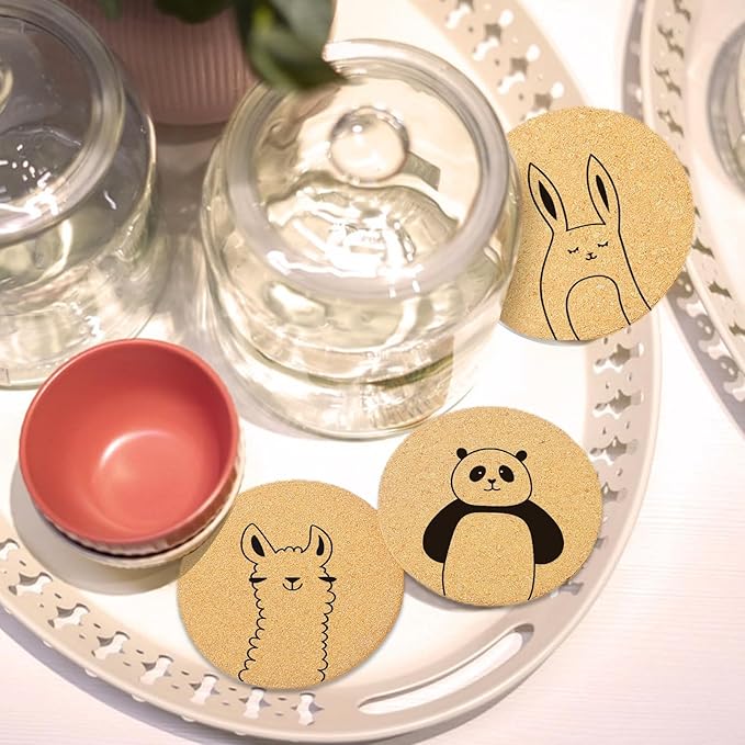 Coasters for Drinks with Holder Set of 6, Cute Animals Coaster Bulk for House Warming Gifts for New Home Couples Absorbent Cork Wood Cup Desk Coffee Table Office Kitchen Decor, Round 4"