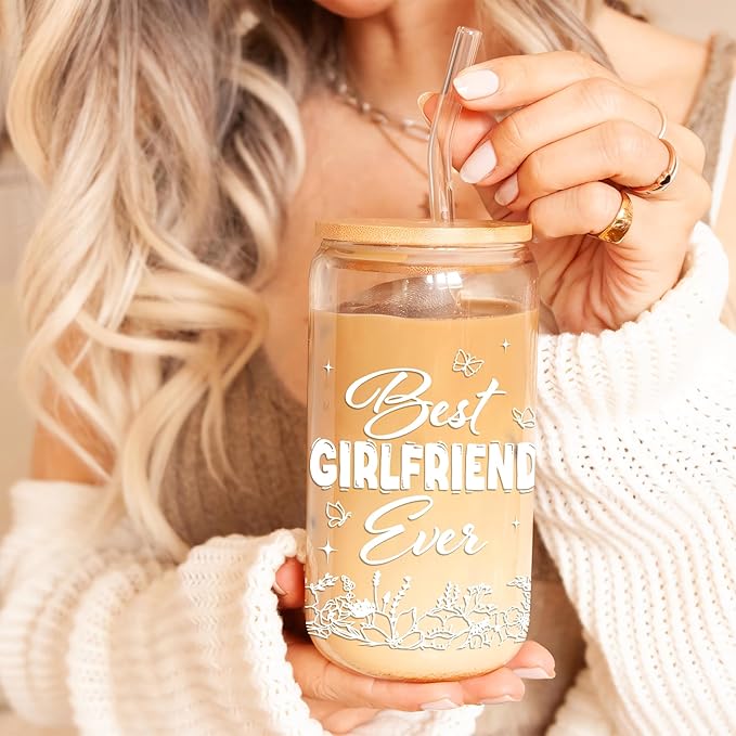 Gifts for Girlfriend 16 Oz Coffee Glass Cup with Lid and Straw & Brush Romantic Love Drinking Glasses Girlfriend Gift for Her Women Lover Valentines Day Anniversary Birthday Christmas