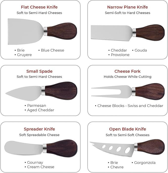 Spreader Knife Set for Cheese Butter, Stainless Steel with Wooden Handles, 6-Piece Party Wedding Christmas Charcuterie Board Accessories, Mini Serving Tongs Spoons Forks Set