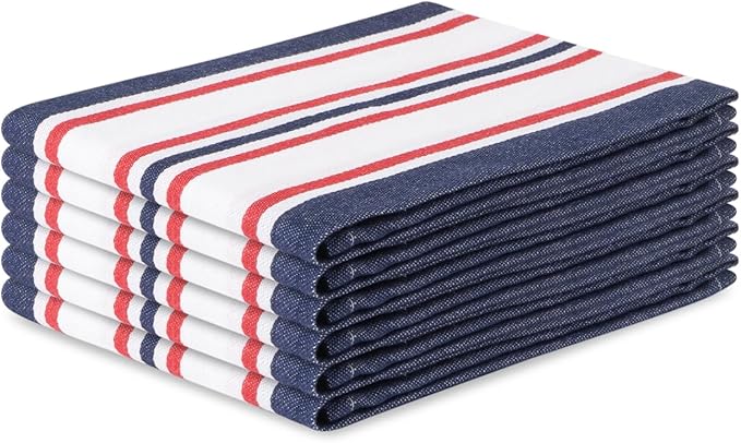 Kitchen Towel Set of 6, 100% Cotton Quick-Drying Absorbent Dish Towels & Tea Cloths, 20x30 Inch Decorative Farmhouse Towels for Kitchen, Navy,White & Red Stripe