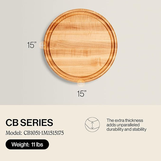John Boos CB Series Round Wooden Maple Cutting Board 15”x15” – 1.75” Thick, 11-lb Reversible Butcher Block with Juice Groove, Edge-Grain & Finger Grips – Made in the USA