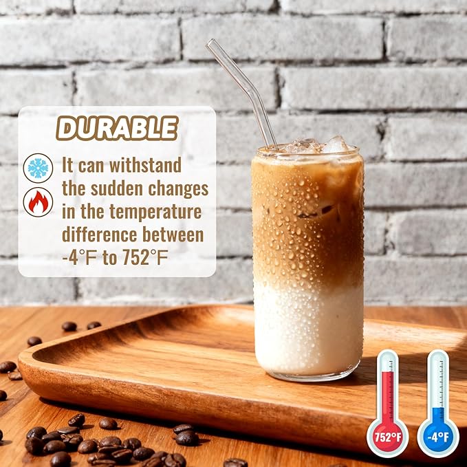 Alotpower Borosilicate Glass Cups with Lids and Straws, 16 oz Reusable Tumbler Set (2-Pack) Includes Bamboo Lids, Glass Straws & Brush for Iced Coffee, Bubble Tea, Cold Beer, Juice