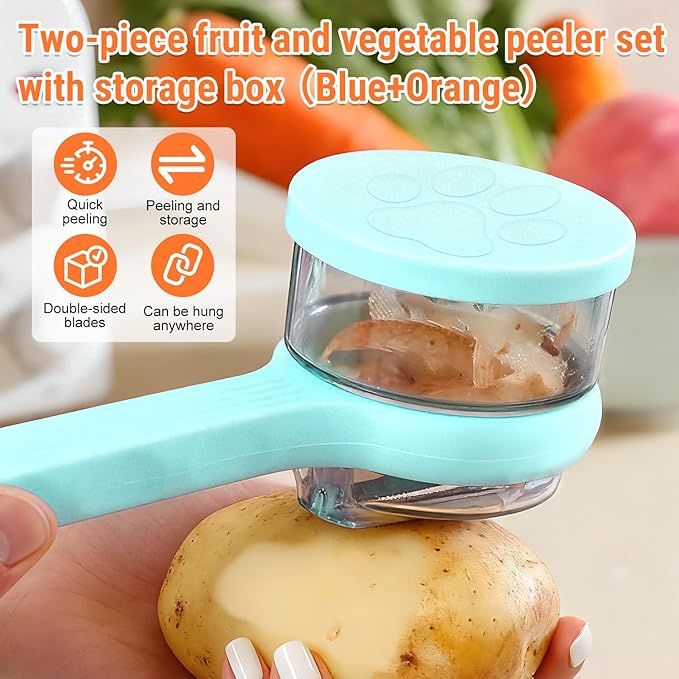 2PCS Vegetable Peeler Set with Container, Stainless Steel Potato and Apple Peeler, 2-in-1 Multifunctional Veggie Fruit Peeling Tool, Easy to Use Kitchen Gadget with Comfortable Grip (Orange+Blue)