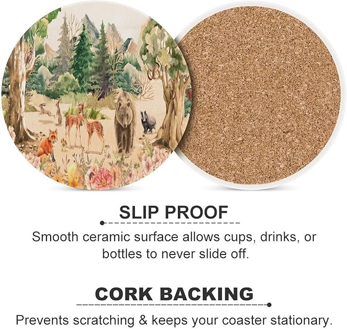 Forest Drink Coasters, Round Ceramic Drink Coaster Round-4PCS, Retro Mountain Forest Nature Tree Woodland Flower Animal Bear, Deer Decor Absorbent Ceramic Coasters for Beverage Cup, Bar, Coffee Table