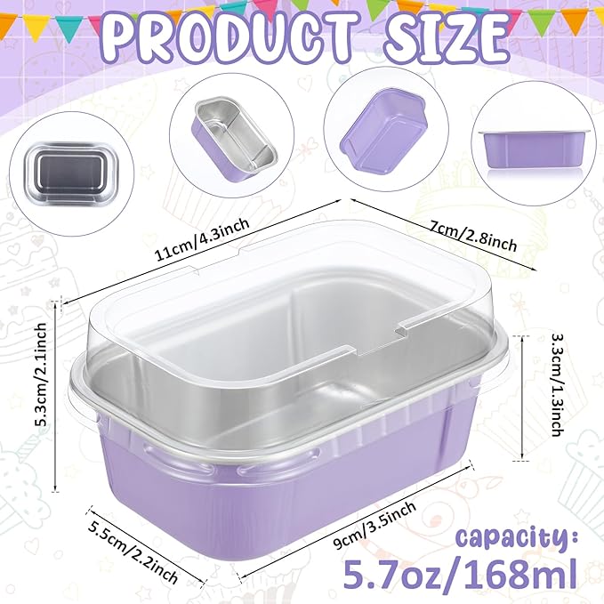 Vesici 100 Sets Mini Loaf Pans with Lids, 5.7 oz Disposable Aluminum Foil Baking Cups, Rectangle Cake Pans for Pudding Desserts Muffin Baking Storage Valentines Wedding Birthday Party(Purple)