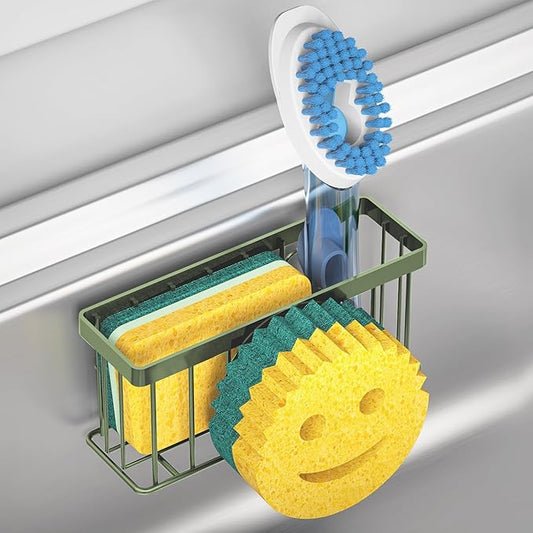 Sponge Holder Smiley Face, Sink Organizer with 2 Suction Cups/1 Adhesive Strips,Designed for Sponge,Soap,Dish Brush,Scrubber - Green