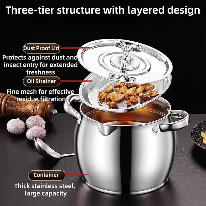 118oz Stainless Steel Jumbo Bacon Grease Container with Removable Strainer, Grease Spoon and Dust-proof Lid, Kitchen Filter Pot for Storing Fat, Bacon Drippings, Lard and Ghee oil