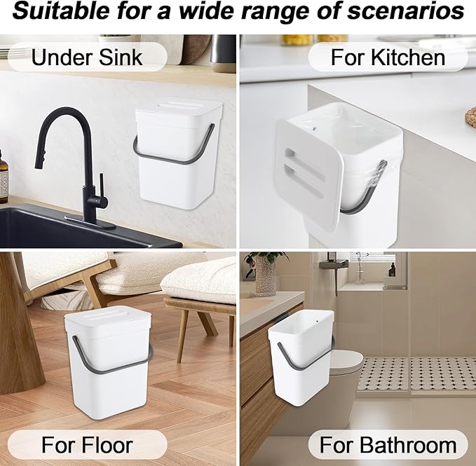 Compost Bin Kitchen, for use on Countertops or Under Sinks, Hanging Trash Can with Lid, for Cupboard/Bathroom/Bedroom/Office/Camping, Mountable Indoor Compost Bucket(White 1.3 Gallon/5L)