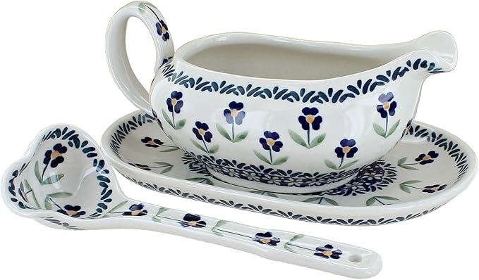 Blue Rose Polish Pottery Blue Daisy Gravy Boat & Ladle