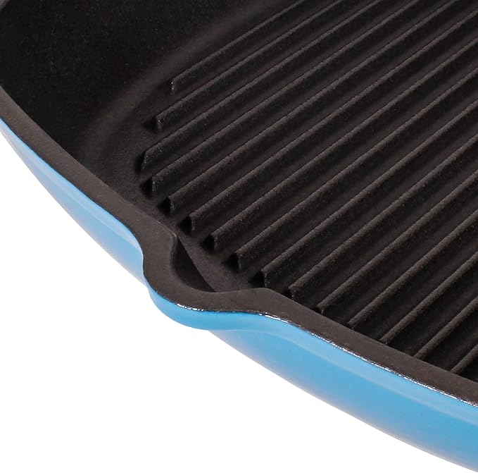 Berghoff Neo 2Pc Enameled Cast Iron Grill Set, Grill Pan 11 inches, Bacon/Steak Press 8 inches, Fast, Evenly Heat, Oven safe (Blue)