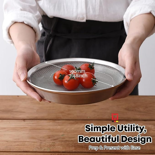 Stainless Steel Mesh Tray Set with Drip Pan, Air Fryer Basket and Tray, Kitchen Colander, Vegetable and Fruit Strainer, Food Filter, BBQ Prep Tool, Fruit Serving Dishes (7.48 inch)