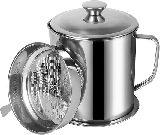 Tellshun Bacon Grease Container with Strainer 1.8 L / 60 oz Kitchen Catcher Food-grade Stainless Steel Cooking Oil Keeper with Lid and Easy-Grip Handle Suitable for Storing Frying Oil