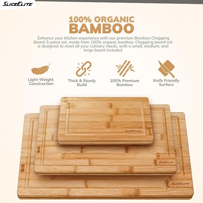 SliceElite 3pc Bamboo Cutting Board Set: Eco-friendly, durable chopping boards with handles & juice grooves. Ideal for all kitchen tasks (Large, Medium, Small), Natural