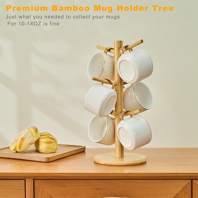 Bamboo Mug Tree for Counter, 6 Hooks Detachable Coffee Mug Holder, Decorative Mug Racks for Coffee Bar
