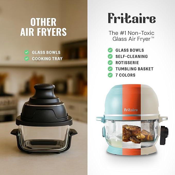 Non Toxic Air Fryer™ 9-in-1 Functions - Glass AirFryer 5 Quart w/ 360 Visibility, Self-Cleaning, 400F Vortex Air Fryer for Even Cooking, BPA-Free Teflon Free, Rotisserie, Roast, Bake, Cherry