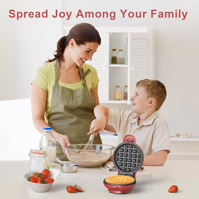 CROWNFUL Mini Waffle Maker Machine, 4 Inch Chaffle Maker with Compact Design, Easy to Clean, Non-Stick Surface, Recipe Guide Included, Perfect for Breakfast, Dessert, Sandwich, or Other Snacks (Red)