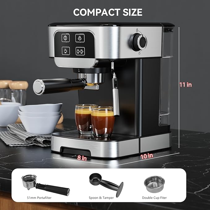 TINTALK Espresso Machine 20 Bar with Steam Milk Frother, Stainless Steel Coffee Machine with Removable Water Tank for Cappuccino,Latte, Compact Stainless Steel Coffee maker for home,Great Gift