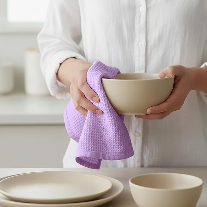 PurpleEssences Waffle Weave Kitchen Towel, 100% Cotton, 15x25 Inches, with Hanging Loop Ultra Soft Absorbent Quick Drying Dish Cloth, Tea and Hand Towels, 4 Pack - Christmas Holiday Winter - Lavender