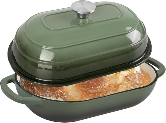 Fijxzct Premium Enameled Cast Iron Dutch Oven for Bread Baking | Non-Stick 5QT Oval Bread Oven with Lid | Perfect for Sourdough, Loaf, and Artisan Baking (Oval Green, 5 QT)