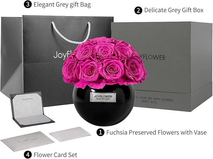 JoyFlower Preserved Flowers Vase Glass Decor, Eternal Flower Vases for Centerpieces, Forever Flower Decorations for Party Home Wedding Table Living Room Bedroom, Black Glass Vase House Decor(Fuchsia)
