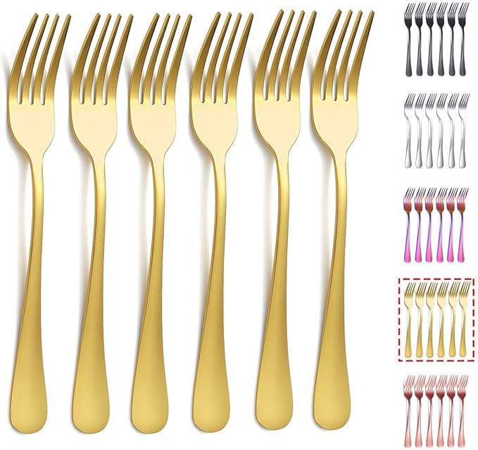 Kyraton Gold Dinner Forks - 6 Piece Set, Stainless Steel, 8.17 Inch, Titanium Plated Wedding Silverware