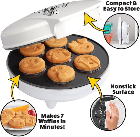 Mini Emojis Waffle Maker for Valentine's Day Breakfast- Make 7 Unique Smiley Face Waffles Pancakes for Kids- Electric Non-Stick Iron Feat Kiss Face Heart Eyes & Smile w Recipe Guide- Licensed by Emoji
