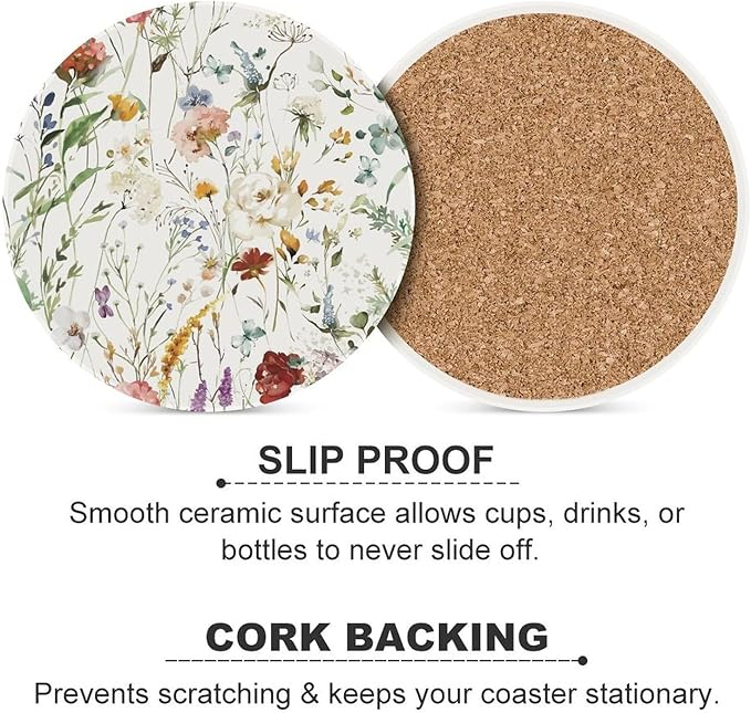 Round-4PCS Floral Drink Coasters, Round Modern Ceramic Absorbent Coasters, Watercolour Colorful Flower Herb Nature Plant Floral Decor Desk Coffee Table Coaster for Beverage Cup Tea Coasters