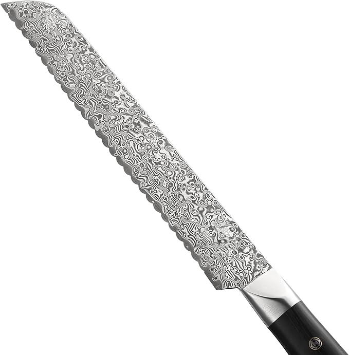 zayiko Black Edition Bread knife 8-inch blade extremely sharp from 67 layers I Damascus kitchen knives and professional chef's knives made of genuine Japanese Damascus with Pakka wood