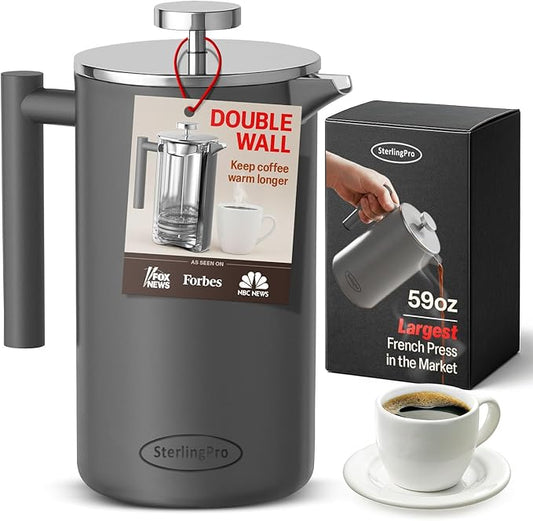 SterlingPro Extra Large French Press Coffee Maker 59 oz (1.75L), Large Capacity Stainless Steel Big French Press XL, Thermal Insulated Largest Coffee Maker with Double Walled Insulation, Gray