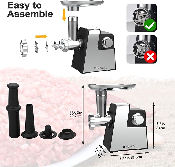 XFCNIKOU Electric Meat Grinder, 2800W Max Sausage Stuffer,Stainless Steel Meat Mincer With 2 Blades, 3 Plates, Sausage Tube And Kubbe Kit For Home Kitchen Use