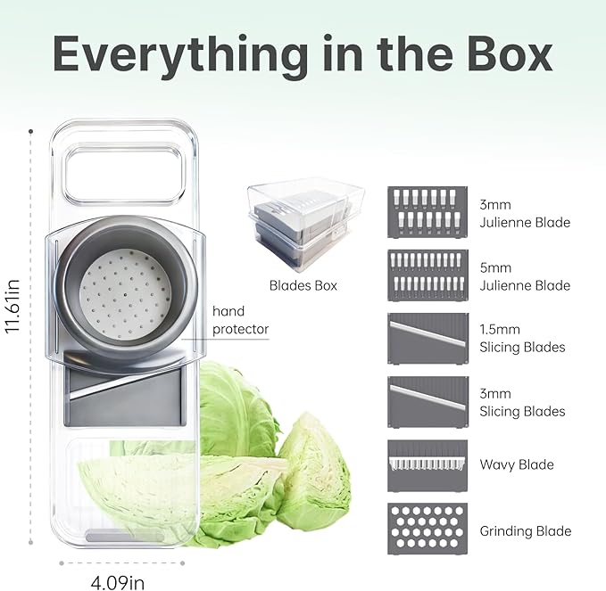 6-in-1 Mandoline Slicer for Kitchen - Easy to Use Vegetable Chopper & Compact Julienne Slicer with Safe Guard & Crystal Clear Body - Handheld Food Slicer Cutter for Healthy Salad, Potato, Onion