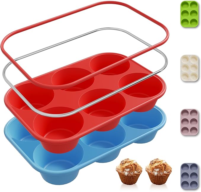 Socisen 2 Pack 6 Cups Silicone Jumbo Muffin Pan with Metal Reinforced Frame Silicone Molds Cupcake Cake Baking Pans Egg Bites Muffin Tin Tart Pans Bundt Pan Reposteria Accesorios Moldes Para Pasteles
