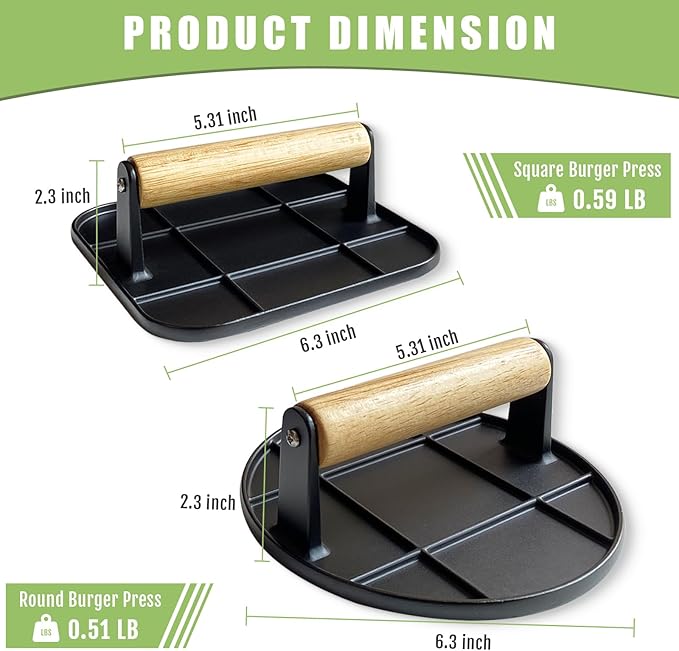 Smash Burger Press for Griddle - Lightweight with Wood Handle (70% Lighter Than Others), Rustproof Burger Press Bacon Press for Grill, Smasher Ideal for Blackstone Griddle