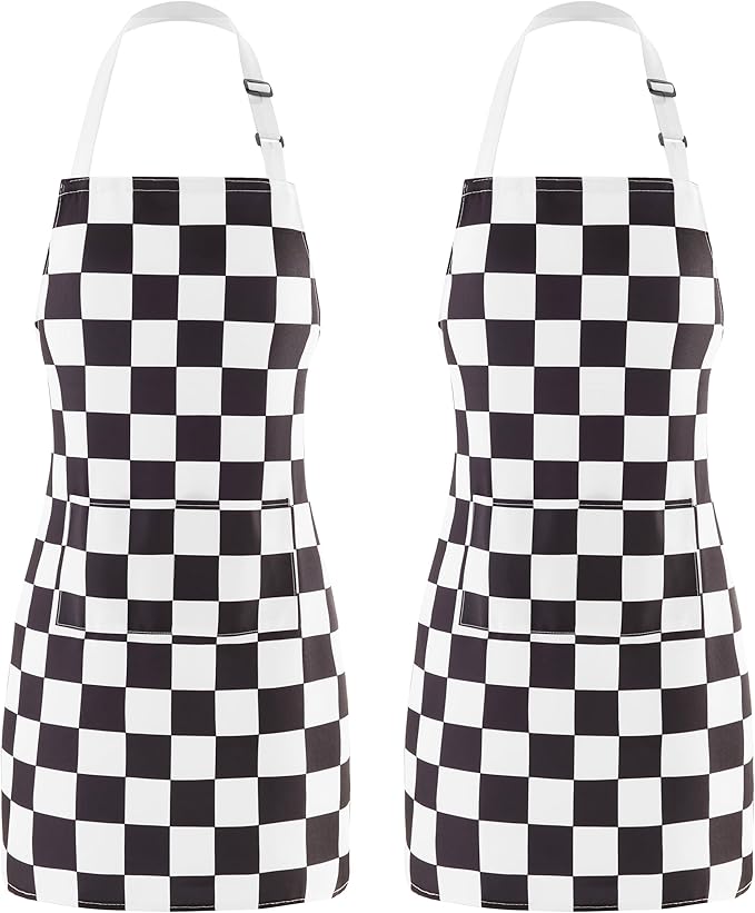 2 Pack Checkered Kitchen Apron, Black White Checkerboard Aprons for Women with Pockets, Aesthetic Cute Trendy Chef Apron for Men, Waterproof Aprons for Cooking
