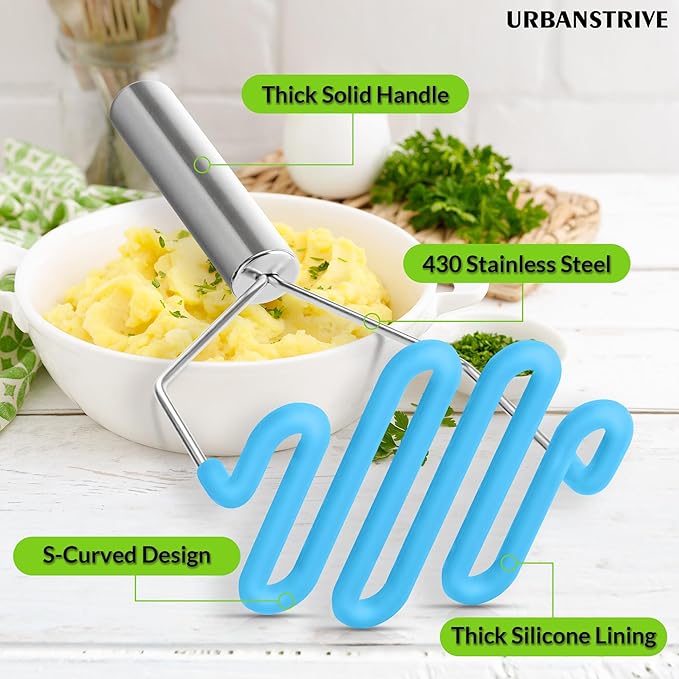 Urbanstrive Non-Scratch Silicone Potato Masher Kitchen Tool, Potatoes Masher Potato Masher Stainless Steel Wrapped In Premium Silicone, Potato Smasher, Blue